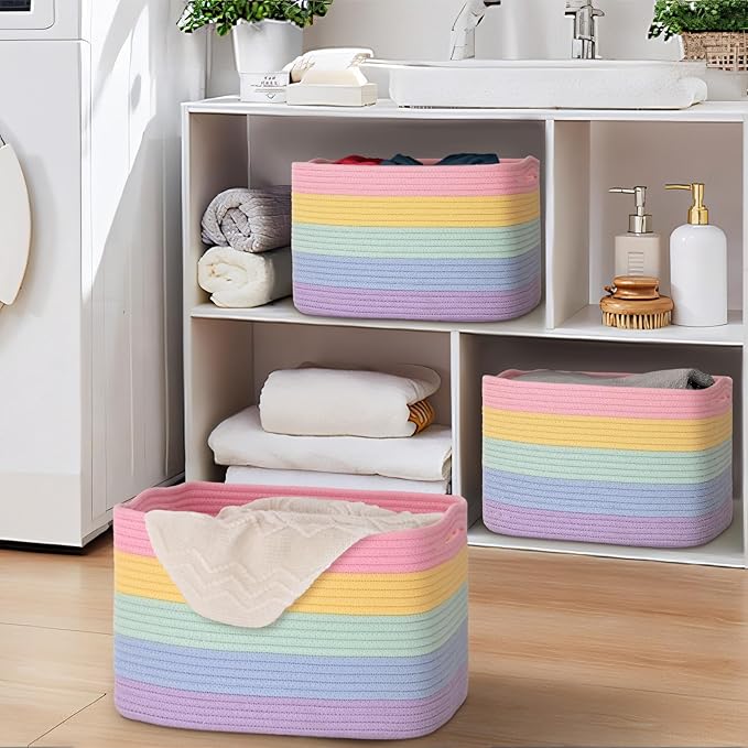 Woven Storage Baskets, Rainbow Baskets for Organizing, 3 Pack Woven Basket for Storage, Storage Baskets for Shelf, Towel, Toy, Book, Closet, Baby 15"×10"×9"
