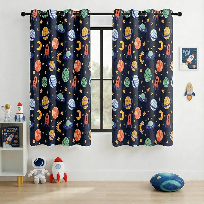 Kids Space Rockets Blackout Curtains - 100% Blackout, Thermal Insulated, Noise Reducing, Perfect for Kids Room and Nursery, 2 Panels (Color Pop Rockets, W52×L63)