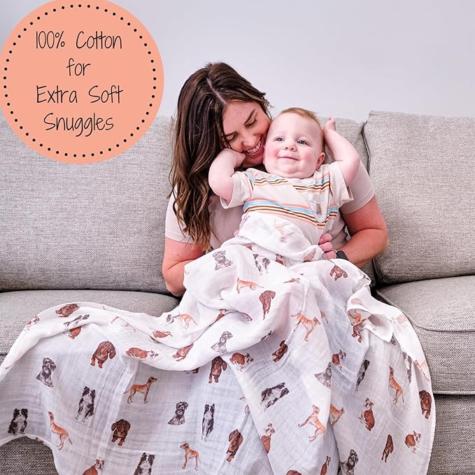 LollyBanks Muslin Swaddle Blankets 2PACK, 100% Cotton Baby Blanket 47 x 47 Inches, Large Baby Swaddle Breathable, Muslin Blankets for Boys and Girls (Cat and Dog Print)