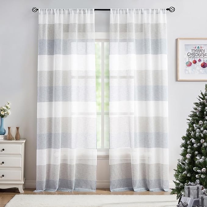 Central Park Gray and Smoke Blue Stripe Sheer Color Block Window Curtain Panel Linen Window Treatment for Bedroom Living Room Farmhouse 84 inches Long Rod Pocket, 2 Panel Rustic Drapes, 40"x84"x2
