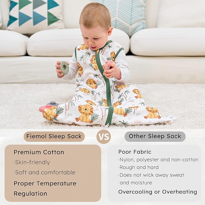 FIEMOL Baby Sleep Sack 12-18 months, 100% Cotton Sleep Sack for Newborn, Wearable Blanket Baby, 0.5 Tog Lightweight Double Zipper Sleeping Bag Lion 1 Pack