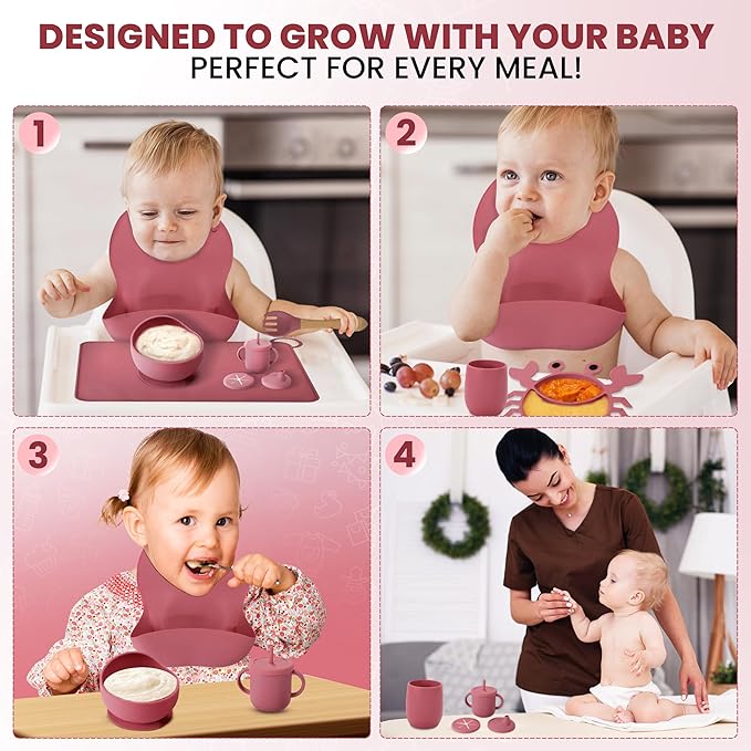 Silicone Baby Feeding Set 12-Piece BPA-Free Baby Led Weaning Kit for 6+ Months – Crab Suction Plate, Bowl, forks, spoons, Bib, Cup, lids & More – Gift Kraft Box – Baby Registry Pink