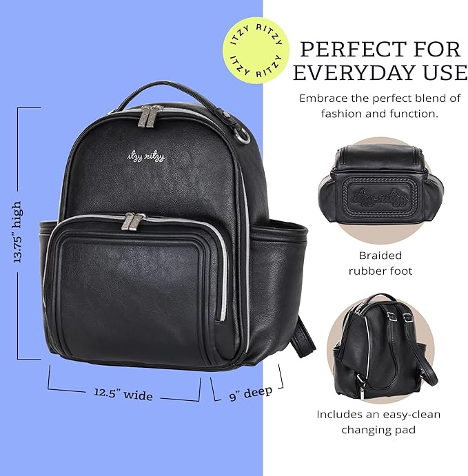Itzy Ritzy Mini Diaper Bag Backpack – Chic, Compact Mini Plus Backpack with Changing Pad, 10 Pockets (6 Internal, 4 External), Grab-Top Handle & Rubber Feet (Black w/Silver Hardware)