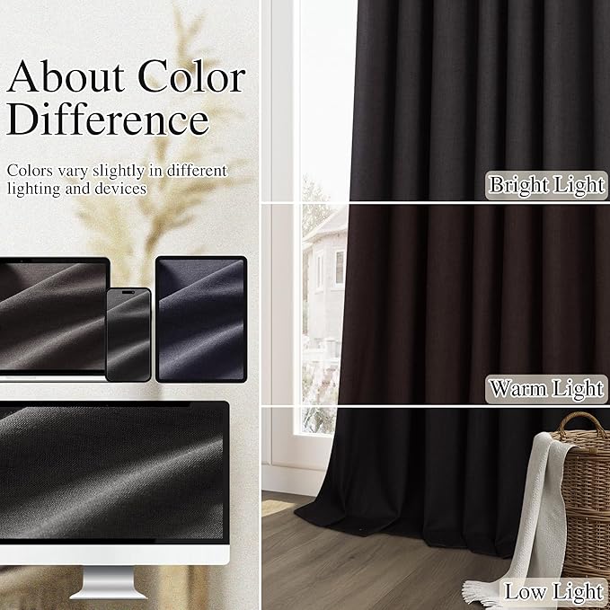 Guken Black 100% Blackout Curtains 84 Inch Length 2 Panels Set for Living Room Bedroom Back Tab Thermal Insulated Black Out Linen Drapes Room Darkening Window Curtains 84 Inches Long