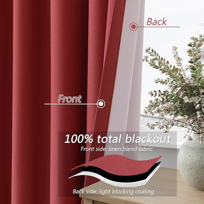 Guken Red 100% Blackout Curtains 84 Inch Length 2 Panels Set for Living Room Bedroom Back Tab Thermal Insulated Black Out Linen Drapes Room Darkening Window Curtains 84 Inches Long