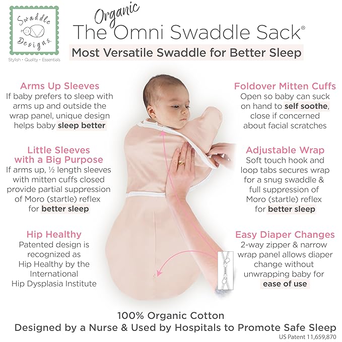 SwaddleDesigns Organic 6-Way Omni Swaddle Sack Arms Up Swaddle for Newborn, More Options to Calm Startle Reflex, Improves Sleep, 12-18 lbs, Soft Pink