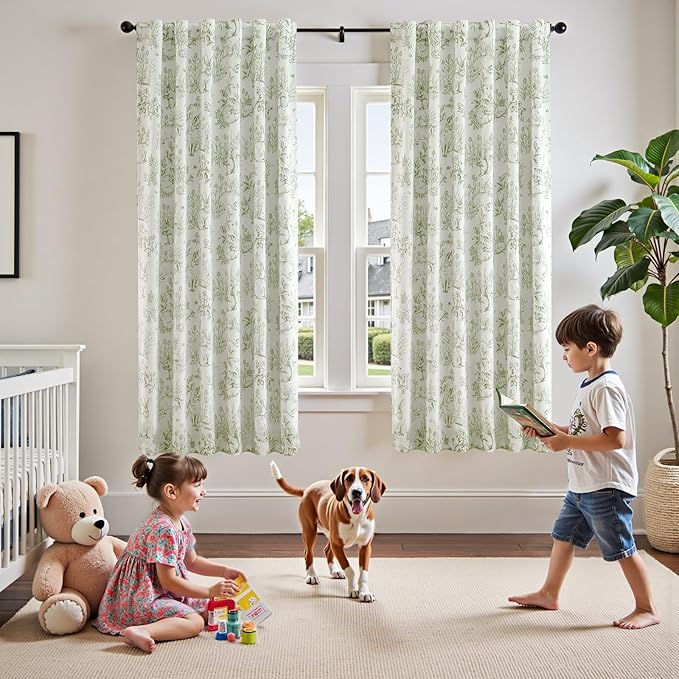 jinchan Blackout Nursery Curtains 72 Inches Long, Bunny Woodland Toile Curtains Sage Green on Beige Animal Printed Drapes for Bedroom Rod Pocket Thermal Insulated Farmhouse Window Treatment 2 Panels