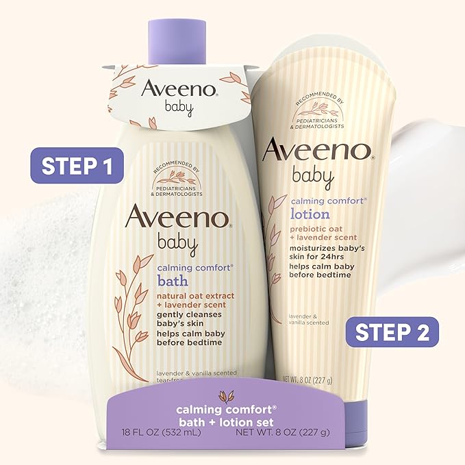Aveeno Baby Calming Comfort Bath & Body Lotion Set, Nighttime Baby Skin Care Products with Nourishing Oatmeal Plus Relaxing Lavender & Vanilla Scents, Paraben- & Phthalate -Free, 2 Items | Calming Comfort, Nighttime, Natural Oat, Lavender, Vanilla Scen...