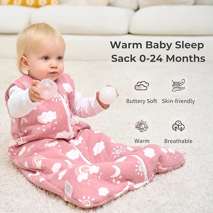 FIEMOL Baby Sleep Sack 0-6 Months 2.5 TOG, Winter Cotton Sleepsack Newborn and Infant, Warm Quilted Baby Wearable Blanket, Baby Sleeping Bag with 2-Way Zipper Pink Rainbow