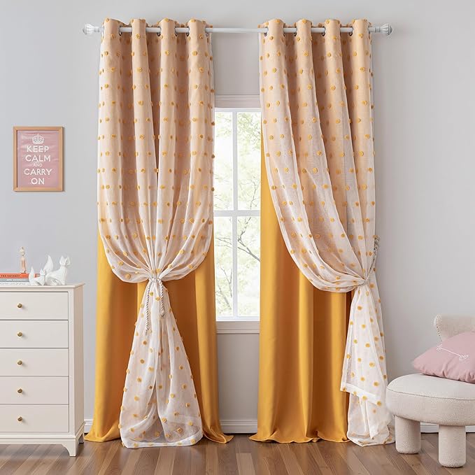 MYSKY HOME Double Layer Curtains for Kids Room Yellow Pom Pom Sheer Curtain 63 Inches Long Nursery Blackout Curtains Thermal Insulated Room Darkening Short Kitchen Drapes Grommet, 52 x 63 In, 2 Panels