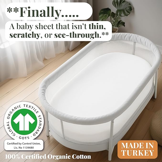 GOTS Organic Bedside Bassinet Sheets 33x20 for Maxi COSI Iora, Cowiewie, Baby Delight, Mika Micky, Ronbei, Koola Baby Bond, Kidsclub, Luxury Turkish Cotton - Rectangle 32x19-33x20