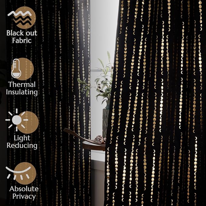 jinchan 95% Blackout Curtains 84 Inch Long for Bedroom Boho Curtains Moon Phases Printed Golden on Black Drapes Rod Pocket Back Tab Darkening Retro Bedroom Pattern Curtains 2 Panels