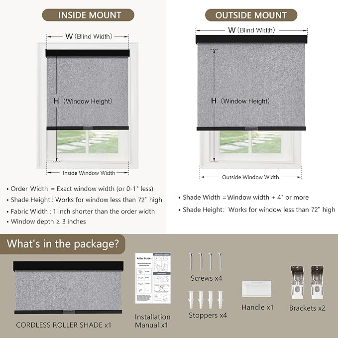 Cordless Blackout Roller Shades Blinds for Windows Free-Stop,Pull Down Room Darkening with Valance,Thermal Insulated Woven Fabric Window Door Blinds for Home,Office,Heather Grey 35.5"W x 72"H