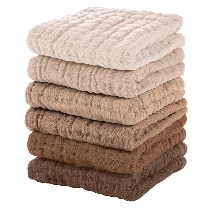 Unnivoll Muslin Baby Washcloths 6 Pack, 100% Cotton Wash Cloths for Babies, Large 12''X12'' Burp Cloths Absorbent and Soft for Newborn Infants Kids Boys Girls - Gradient Brown
