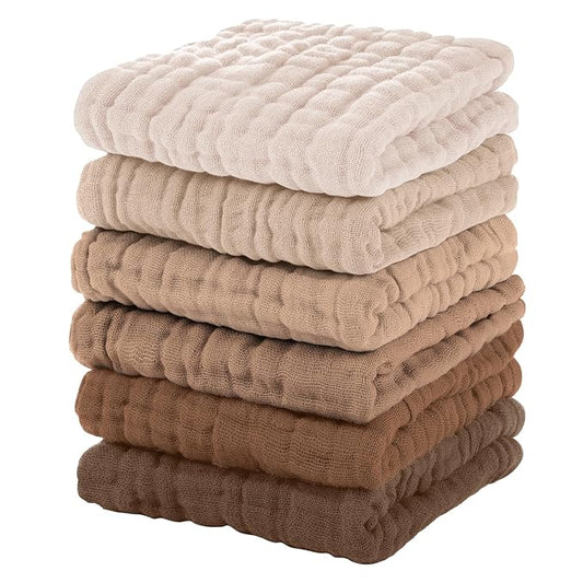 Unnivoll Muslin Baby Washcloths 6 Pack, 100% Cotton Wash Cloths for Babies, Large 12''X12'' Burp Cloths Absorbent and Soft for Newborn Infants Kids Boys Girls - Gradient Brown