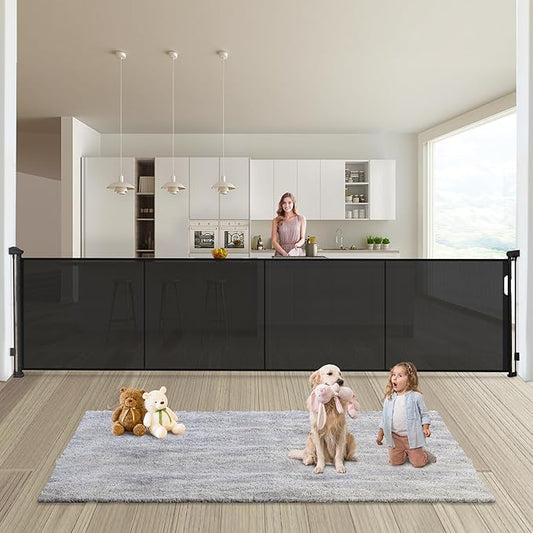 Retractable Baby Gates Dog Gate - 200" Extra Wide Expandable Child Safety Gate, 37" Tall Toddler Pet Mesh Gate with Reinforced Strips for Doorways, Stairs, Hallways, Outdoor & Indoor Large Openings