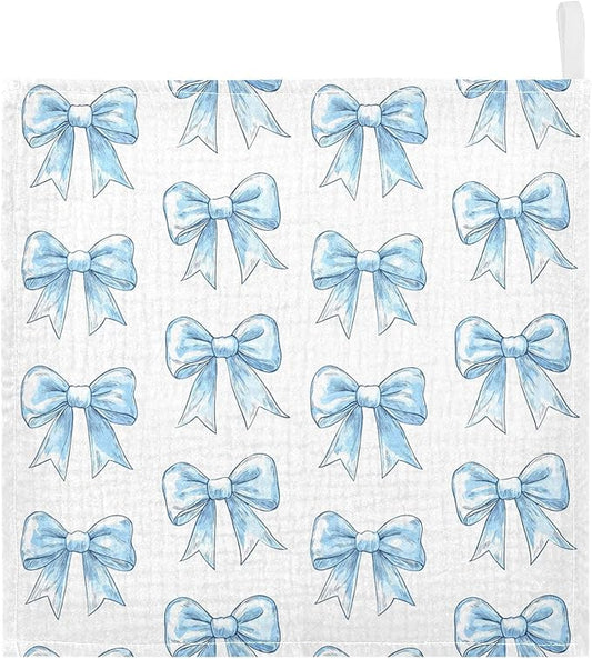 vvfelixl Baby Muslin Washcloths Light Blue Silk Bow Baby Burp Cloths Cotton Babys Face Towel for Newborn Infants Boys Girls Soft and Absorbent 11.8 X 11.8 in, 3 Pack