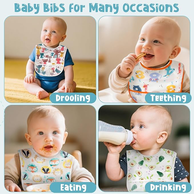2ooya 6 Pcs Baby Feeding Bibs Toddler Waterproof Bib Set with Crumb Catcher Pocket Infant Adjustable Baby Teething Bib Babies Food Bibs Keepsake Gift for Baby Shower Christmas New Year, 6-12 Months