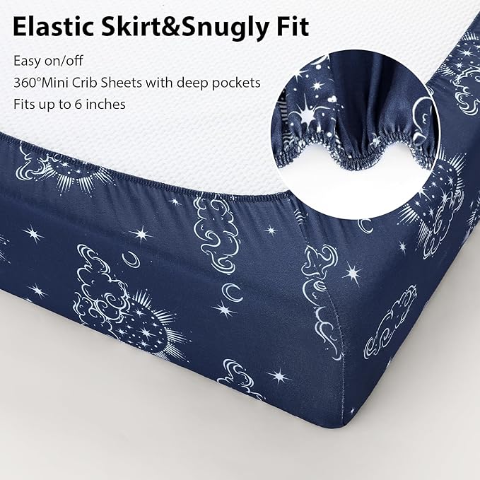 Baby Mini Crib Sheets Boy, Portable 38”x26” Pack and Play Sheets Fitted for Playard and Pack N Play Mattress, 3-Pack Soft Microfiber Blue Green Starry Sky