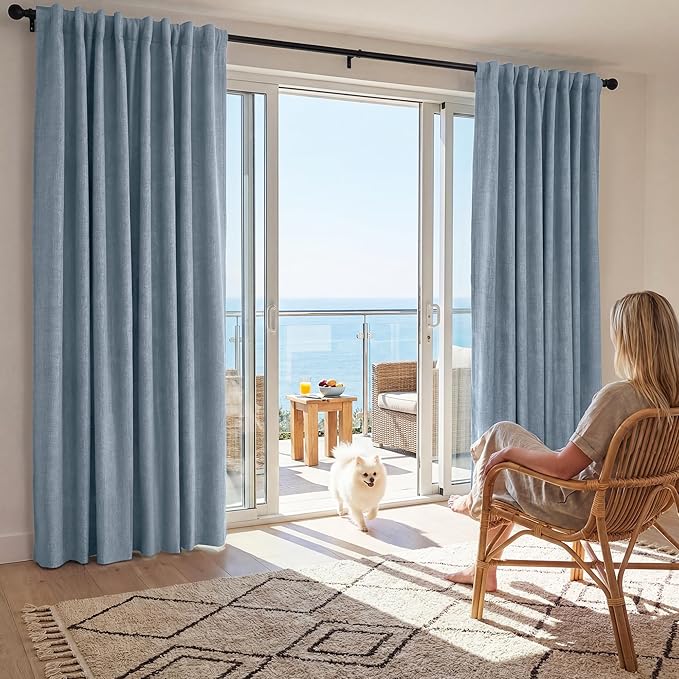 RYB HOME Smoky Blue 100% Blackout Linen Curtains 78 inch Long, Insulated & Privacy Assurd Home Decor Drapes for Bedroom/Office/Nursery, Rod Pocket & Back Tab Window Treatment, W52 X L78, 2 Panels