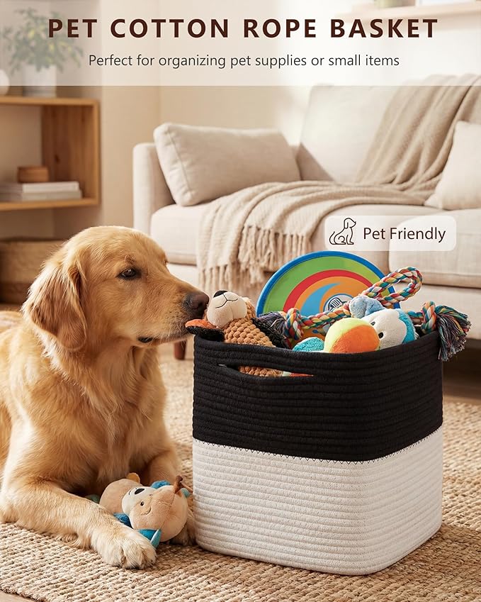Cube Storage Bin 11" x 10.5" x 10.5" Cotton Rope Basket Square Woven Storage Basket for Shelves, Closet Organizer, Soft Towel Sock Basket, Black/White, 1 Pack