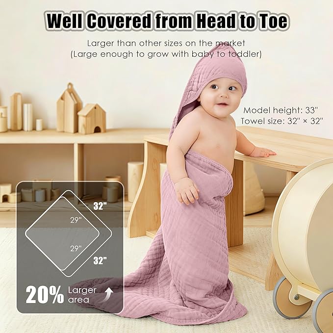 Sunny zzzZZ Muslin Hooded Baby Bath Towels - 3 Pack 100% Cotton Soft Low-Saturation Pastel Towels Including Classic White for Newborns, Infants, Toddlers - 32x32 Inch - Light Sakura and White