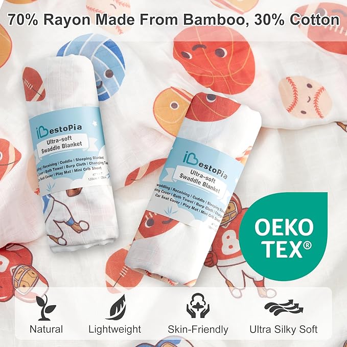 70% Rayon Made from Bamboo 30% Cotton Muslin Swaddle Blanket, 47 x 47 Inches, Sports Theme Baby Receiving Blanket, Soft and Breathable, Unisex, 2 Pack