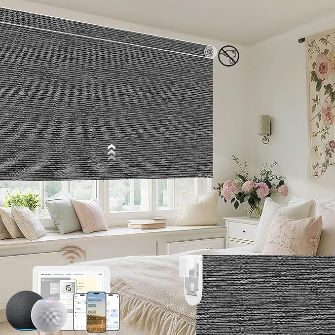 Kincmo No Drill Motorized Blinds with Remote, 100% Blackout Roller Shades for Windows, Custom Electric Blinds Compatible with Alexa, Apple Homekit, Google Home (100% Blackout Eclipse Anchor Grey)