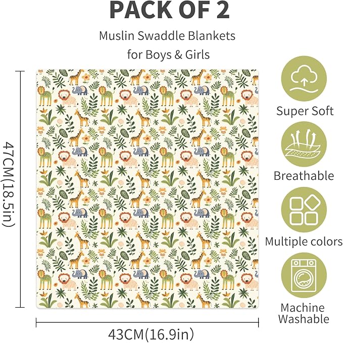 Baby Muslin Swaddle Blankets,2 Pack Receiving Blanket Baby Girl & boy,Large47 x 43 inches,Soft & Skin Friendly Baby Blanket Wrap(Animals)