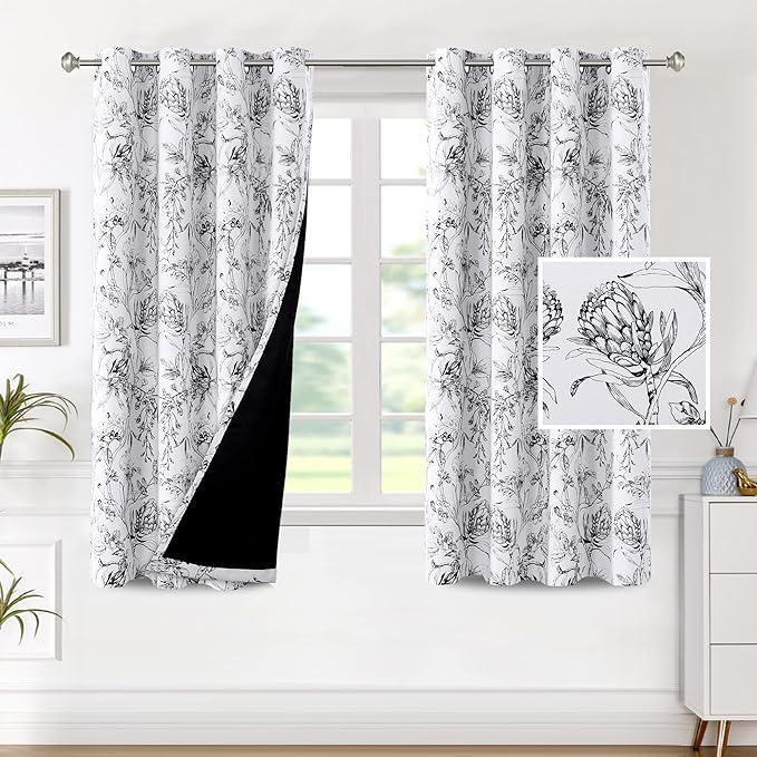 H.VERSAILTEX 100% Blackout Curtains for Living Room Camellia Floral Blackout Curtains 63 Inches Long Light Blocking Window Treatment Curtains with Black Liner Grommet Thermal Drapes, 2 Panels, Black