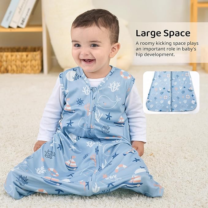 FIEMOL Baby Sleep Sack 12-18 Months, 0.5 TOG Wearable Blanket for Baby Boy and Girl, 2-Way Zipper Toddler Sleeping Bag 2 Pack, Lightweight Sleep Sacks Blue Whale（Large）