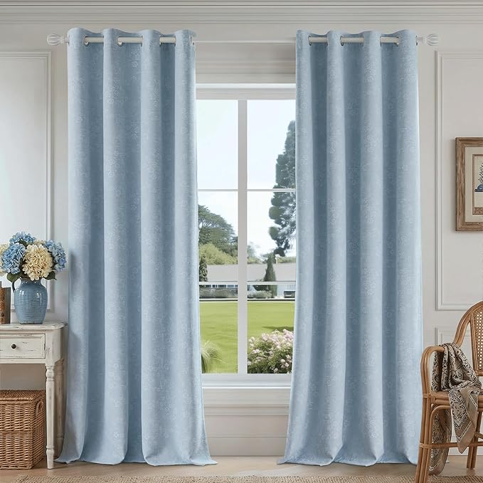 Beauoop Blue Floral Jacquard Blackout Curtains 84 Inches Long 2 Panels for Living Room Bedroom Chenille Flower Room Darkening Thermal Insulated Soundproof Grommet Window Drapes, 52x84 Set of 2