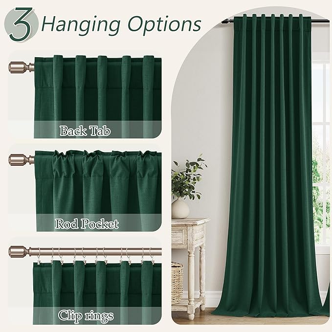 Guken Dark Green 100% Blackout Curtains 90 Inch Length 2 Panels Set for Living Room Bedroom Back Tab Thermal Insulated Black Out Linen Drapes Decor 52x90 Long