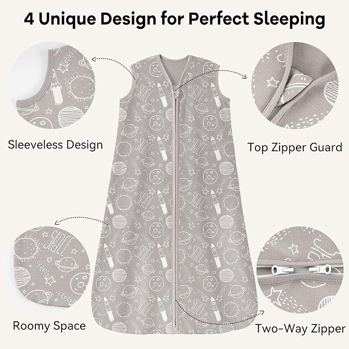 Unnivoll Baby Sleep Sack 0-6 Months 3 Pack 100% Cotton Lightweight 0.5 TOG Wearable Blanket Baby Sleep Bag with 2-Way Zipper for Newborn Infant White Gray Blue Space