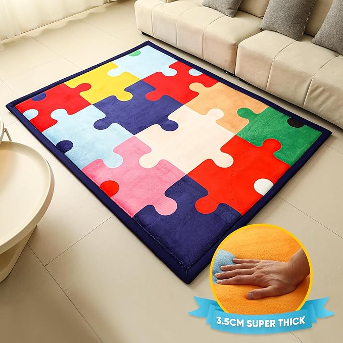 Puzzle Baby PlayMat Rug Extra Thick 3.5CM | Cloudsoft Coral Velvet Crawl Memory Foam Floor Mat | Anti-Spill | Anti-Slip | Toddlers Infants Kids Children | 60"x80" | Tummy Time | Padded Yoga Rug