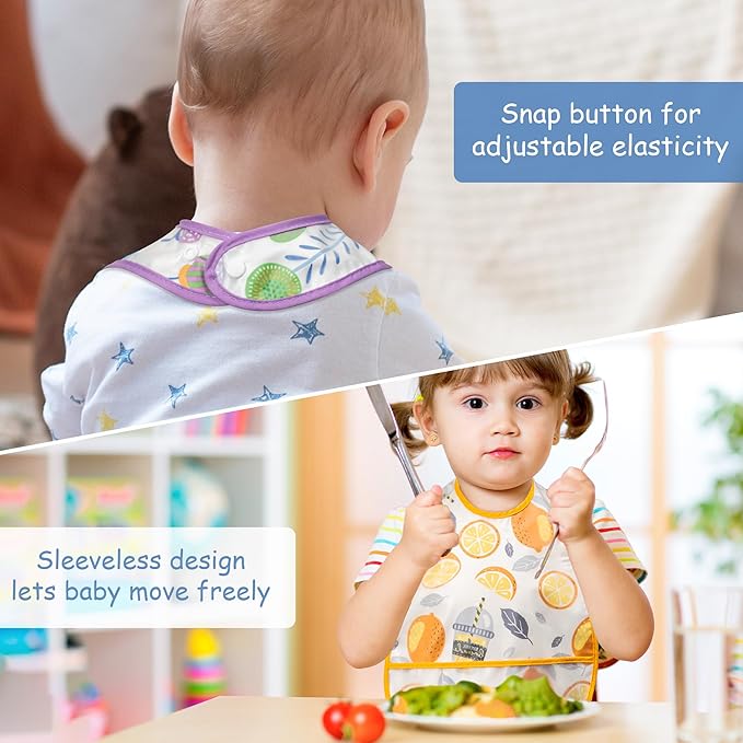 R HORSE 5Pcs Baby Bibs Set Toddler Bibs with Crumb Catcher Pocket & Snap Button Waterproof Baby Feeding Bibs for 6-24 Months
