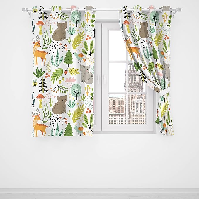 Kids Blackout Curtains ,Room Curtains Pattern Printing Forest with Wild Animals Plants Trees Interior Decoration 55x63inch(140x160cm)