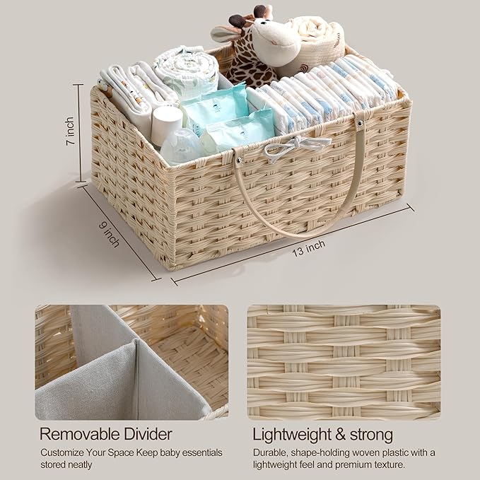 HBlife Diaper Caddy Organizer, Washable Waterproof, Portable Plastic Wicker Woven Basket with Divider, Nursery Diaper Station, Baby Shower Gifts Basket & Car Organizer