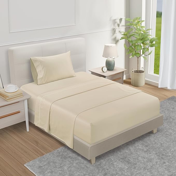 Twin XL 100% Cotton Sheets For Twin Bed, 800TC Fully Elasticated Fitted Sheet & Pillowcase Sets, Fade Resistant Soft & Comfy Deep Pocket Sheets Machine Washable, Naturally Cool & Breathable- Ivory
