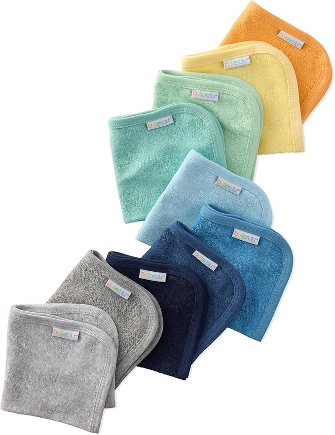 River 10-Pack Baby Terry Washcloths 100% Organic Cotton Absorbent for Baby and Toddler Boys & Girls, Sunny Blue Rainbow, One Size