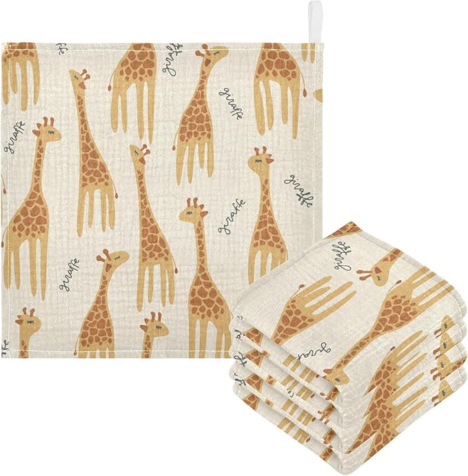 vvfelixl Giraffe Safari Print Baby Burp Cloths Baby Muslin Washcloths for Boys Girls Cotton Baby Face Towel for Newborn Infants Soft and Absorbent 11.8 X 11.8In, 5 Pack