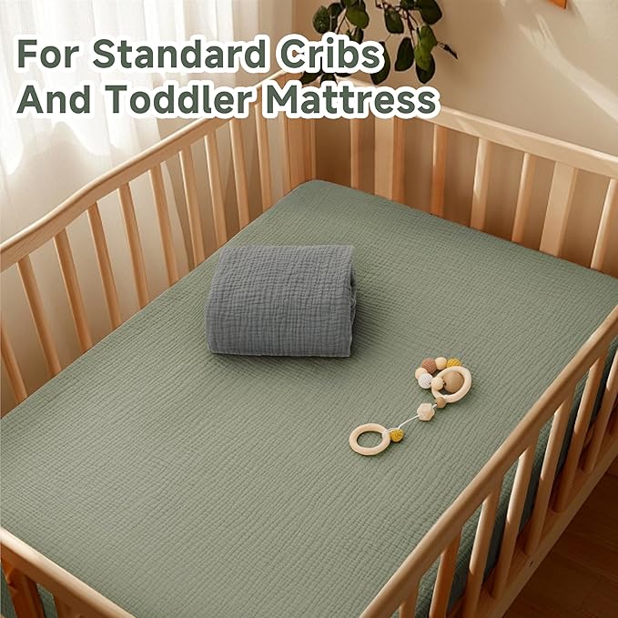 Pro Goleem 2 Pack Muslin Crib Sheets for Boys and Girls, Soft Breathable Neutral Fitted Cotton Baby Bed Sheets Set for Standard Crib Mattress & Toddler Mattress 52"x28", (Grey＆Green)