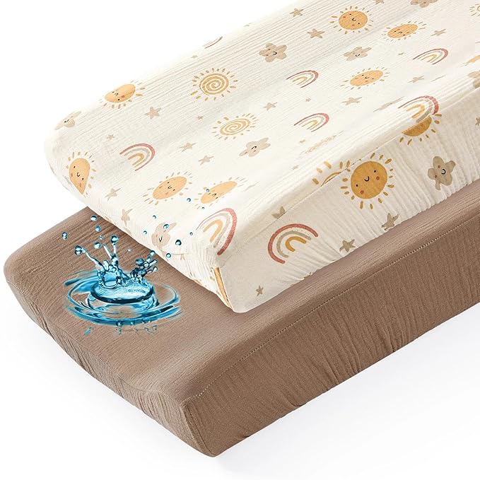 Basumee Muslin Changing Pad Cover Waterproof 2 Pack Baby Changing Table Covers for Boys and Girls Soft Breathable Nursery Diaper Change Table Cover Pad Fits 32"x16", Brown
