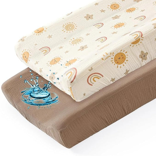 Basumee Muslin Changing Pad Cover Waterproof 2 Pack Baby Changing Table Covers for Boys and Girls Soft Breathable Nursery Diaper Change Table Cover Pad Fits 32"x16", Brown