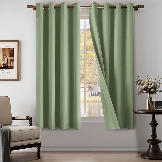 100% Blackout Linen Textured Curtains for Children's Room, Bedroom, Light Weight Curtains with Grommets Top, Full Blackout Curtains Privacy Protection, Green, 52" W x 63" L, 2 Panels