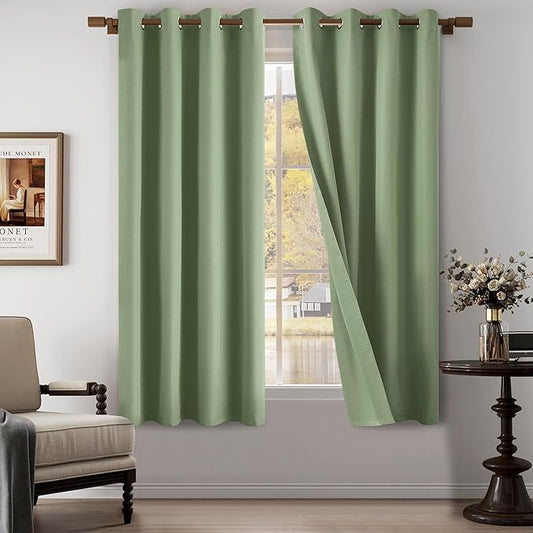 100% Blackout Linen Textured Curtains for Children's Room, Bedroom, Light Weight Curtains with Grommets Top, Full Blackout Curtains Privacy Protection, Green, 52" W x 63" L, 2 Panels