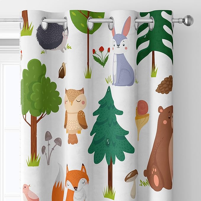 Kids Blackout Curtains ,Thermal Insulated Room Darkening Summer Forest Cute Wildlife Animal and Forests Floral Cartoon Thermal Drapery Drapes for Living 55x63inch(140x160cm), White-style4