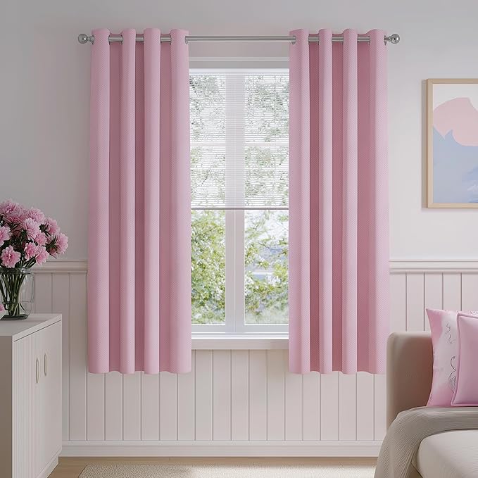 FMFUNCTEX 100% Blackout Curtains for Bedroom, Pink Curtains 54 Inches Long Textured Thermal Insulated Curtains for Living Room Drapes, Black Out Drapery Grommet Room Darkening 2 Panels