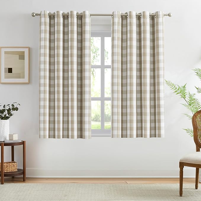 Amzdecor Buffalo Plaid Check Full Blackout Curtain Woven Checkered GEO Thermal Insulated Energy Efficient Drapes Grommet 2 Layers Window Treatment for Bedroom Living Room,2 Panels,52"x63",Beige/White