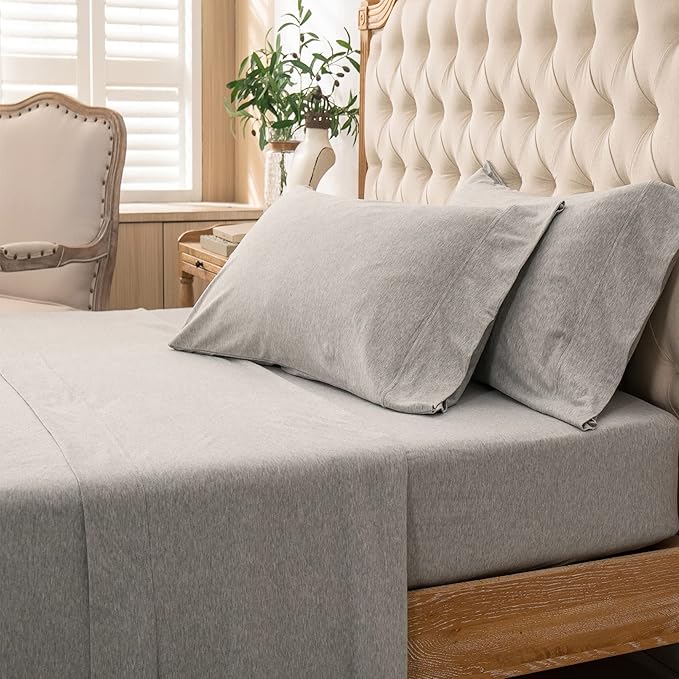PURE ERA Jersey Knit 4pc Bed Sheet Set 100% T-Shirt Heather Cotton Super Soft Comfy Breathable Fits Mattress Up to 20" Extra Deep Pocket (Heather Light Grey, King)